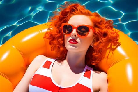Premium Photo Beautiful Redhead Woman In Sunglasses And Bikini Closeup On Inflatable Ring