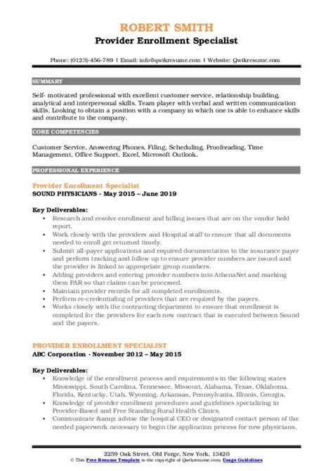 Provider Enrollment Specialist Resume Samples Qwikresume