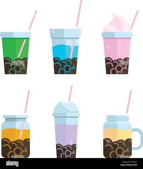 Bubble Tea Icon Set In Flat Style With Milk Tea Shake Drink Pouring