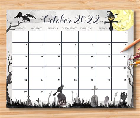 Editable October 2022 Calendar Spooky Halloween Printable Fillable