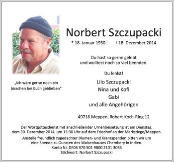 Traueranzeigen Von Norbert Szczupacki Noz Trauerportal