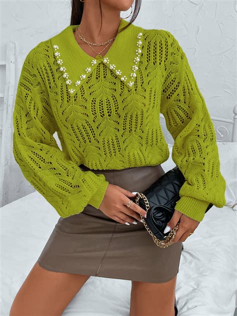 Shein Priv Pearls Beaded Collared Pointelle Knit Drop Shoulder Jumper