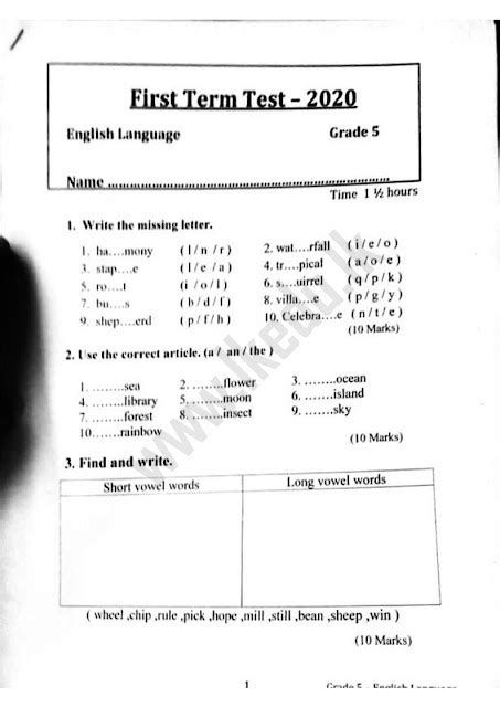 Grade 5 English First Term Kinniya Zone 2020 Lkedu Lk