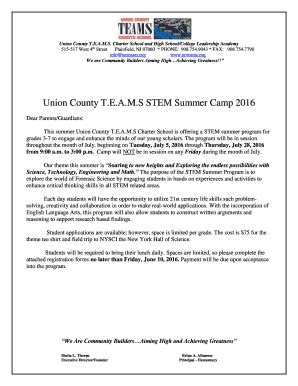 Fillable Online Ucteams Union County Teams Stem Summer Camp Enrollment