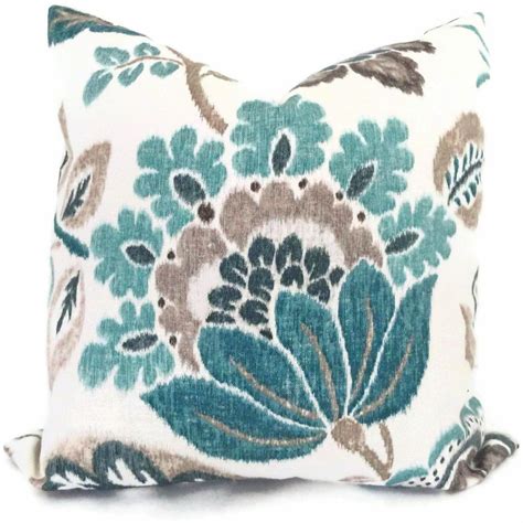 Turquoise Teal And Gray Jacobean Floral Pillow Cover 18x18 Etsy Floral Pillow Cover Floral