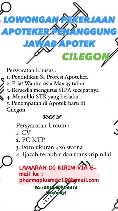 Lowongan Kerja Apoteker Penanggung Jawab Apotek Baru Pharma Plus