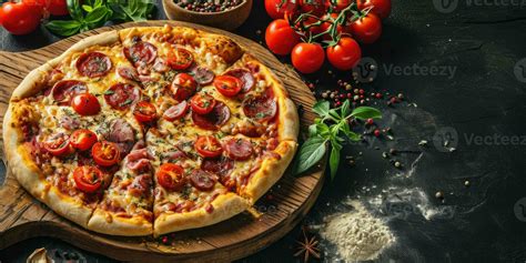 Pizza With Salami Mozzarella And Tomatoes On A Dark Background Ai