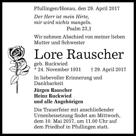 Traueranzeigen Von Lore Rauscher Trauer Gea De