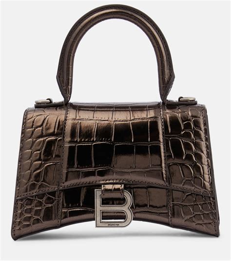 Hourglass XS Croc Effect Leather Tote Bag In Metallic Balenciaga