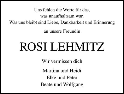 Traueranzeigen Von Rosi Lehmitz Trauer Anzeigen De