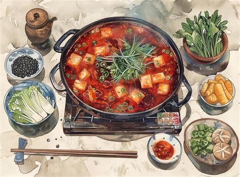 Spicy Mala Hot Pot With Tofu And Vegetables Premium AI Generated Image