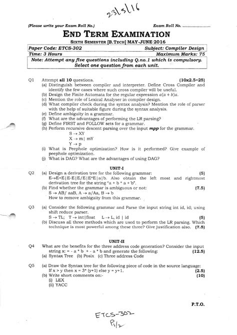 6th Sem End Term May June 2016 Compiler Design Btech Studocu