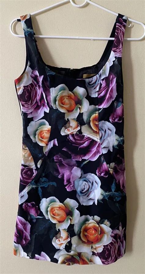 Nicole Miller Nylon Bodycon Mini Dress Big Rose Print Sleeveless Multi