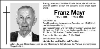 Traueranzeigen Von Franz Mayr Trauer Bz