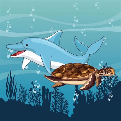 Free Vector | Dolphin and turtle swimming together