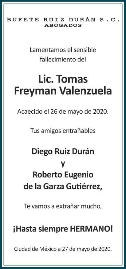 Señor Tomás Antonio Freyman Valenzuela Obituario Esquela