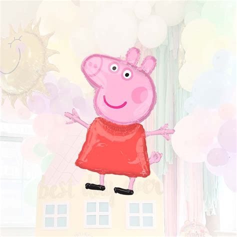 Peppa Pig In A Red Dress Standing On Top Of A Building With Balloons