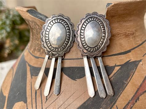 Vintage Navajo Sterling Silver Concho Post Earrings With Dangles