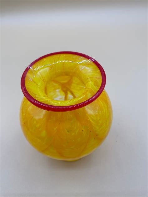 Hand Blown Yellow Art Glass Vase With Red Edge Etsy