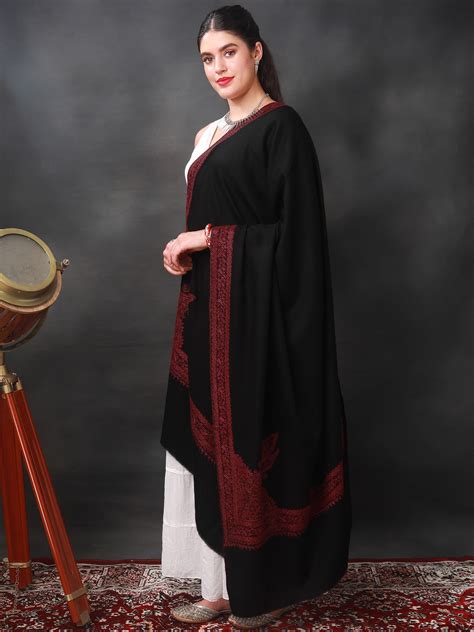 Moonless Night Sozni Hand Embroidered Shawl With Red Thread Floral