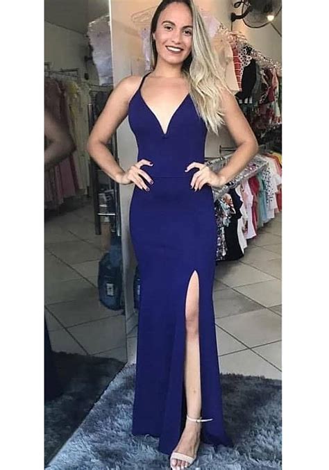 Vestido longo Crepe Trançado nas costas fenda Azul Marinho