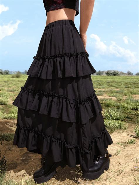 ROMWE Goth Solid Ruffle Hem Layered Skirt In 2023 Black Skirt Long