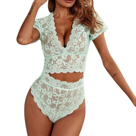 Womens Lingerie Sexy Sheer Floral Lace Pajamas Lingerie Set High Waist