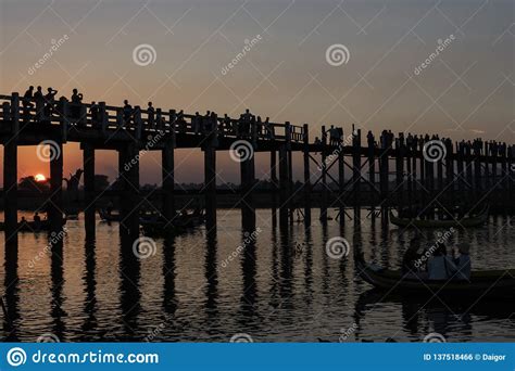 Sunset In U Bein Bridge Made Of Teak Wood Amarapura Myanmar Stock