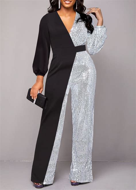 Rotita Sequin Black Long V Neck Jumpsuit Usd 47 98