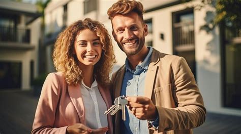 Premium Photo Unlocking Dreams Joyful Couple Embraces Future Home As Real Estate Agent Bestows