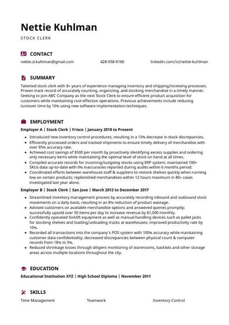 Stock Clerk Resume Cv Example And Writing Guide