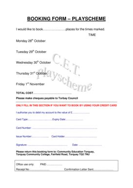 Fillable Online Torbay Gov Playscheme Booking Form Torbay Council