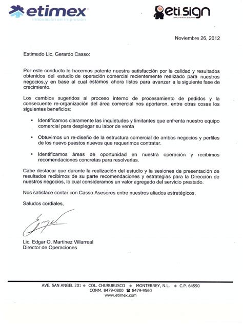 Carta Testimonial Etimex By Casso Asesores Issuu