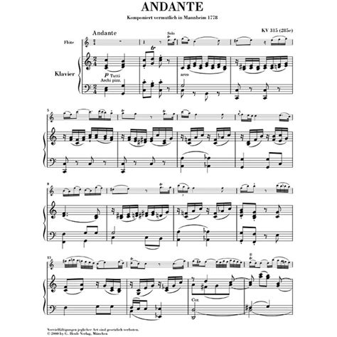 Andante For Flute And Orchestra C Major K 315 Piano Reduction