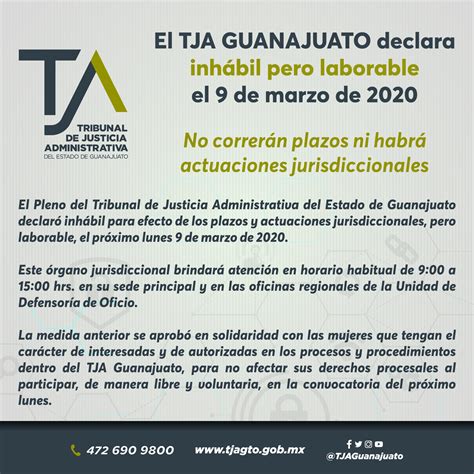 El TJA GUANAJUATO declara inhábil pero laborable el 9 de marzo de 2020