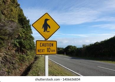 Warning Sign New Zealand Caution Pinguins Stock Photo