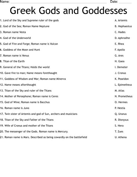 Greek Gods And Goddesses Worksheet WordMint