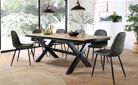 Grange Extending Dining Table And 8 Brooklyn Chairs Natural Oak Veneer And Black Solid Hardwood