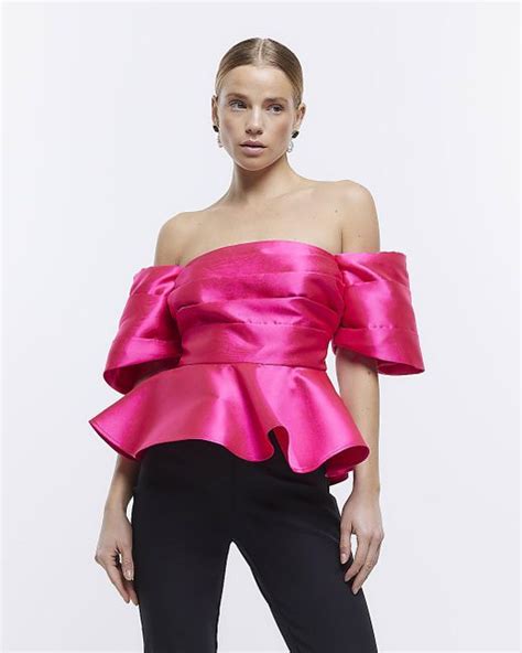 River Island Pink Satin Bardot Peplum Top Lyst