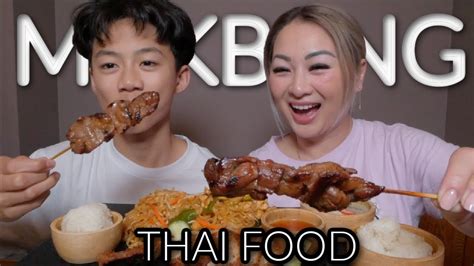 Thai Food Mukbang Stuff Chicken Green Curry Bbq Skewers And Pad Thai