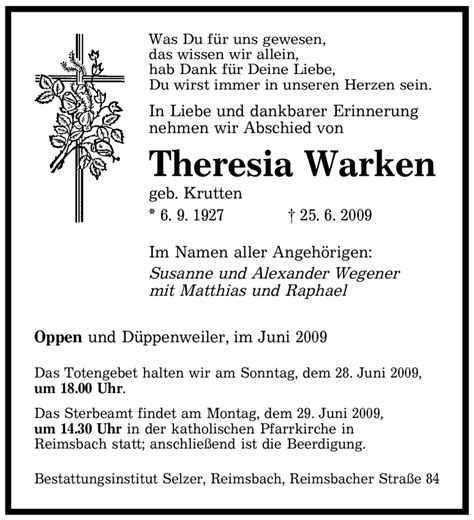 Traueranzeigen Von Theresia Warken Saarbruecker Zeitung Trauer De