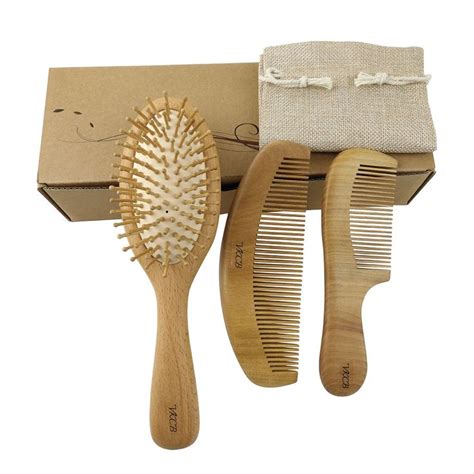 Natural Wood Hair Brush With Wooden Bristles Massage Scalp Comb And