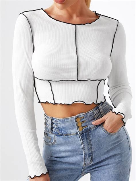 Free Returns Free Shipping On Orders 49 Lettuce Trim Rib Knit Crop Top T Shirts At Shein