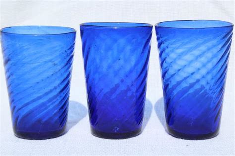 Vintage Hand Blown Mexican Glass Tumblers Cobalt Blue Swirl Drinking Glasses 70s 80s Retro