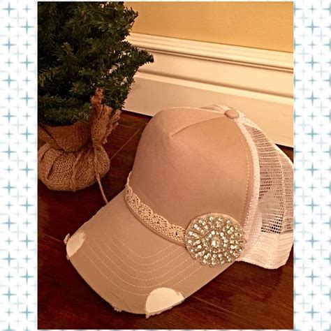 Cream And White Distressed Trucker Hat With Lace And Embellishment