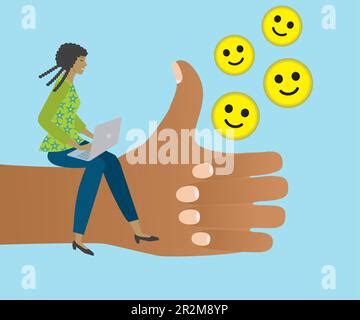 Woman Sitting On Hand With Thumbs Up Applauding And Sending Yellow