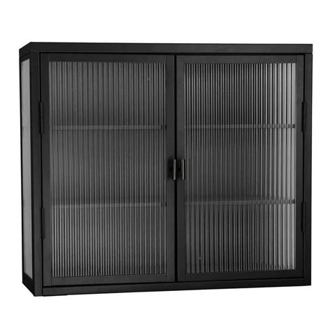 Tileon Black Double Glass Door Wall Cabinet With Detachable Shelves For Dining Room Living Room