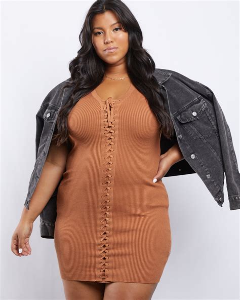 Plus Size Lace Up Ribbed Knit Dress Plus Size Bodycon Ribbed Dress