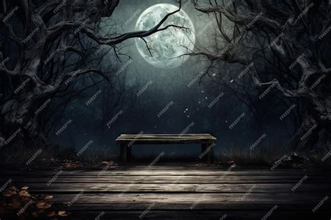 Premium AI Image | Creepy woods with moon and table for Halloween setting