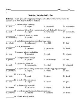 Sadler Oxford Vocabulary Workshop Level A Unit Test By Goal Getters